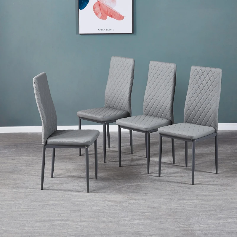 Set of 4 Modern Dining Chairs with Fireproof Leather and Sprayed Metal Pipe, Dining Seat with PU Material, 17.5'' L x 15.5'' W x 37'' H cm, Gray