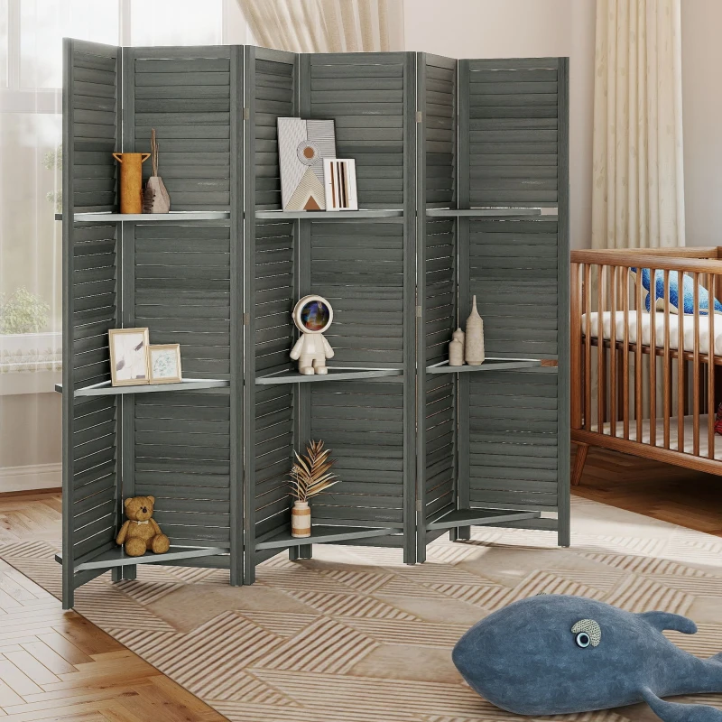 HOMCOM 6 Panel 67" Tall Wood Privacy Screen Room Divider with 3 Shelves and Folding Storage for Bedroom, Gray
