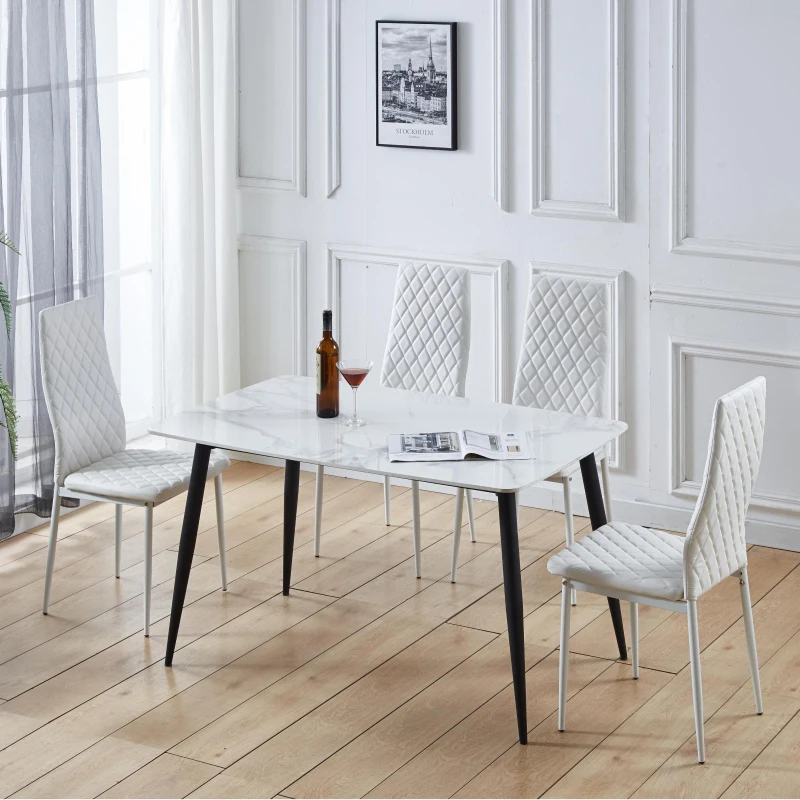 Set of 4 Modern Dining Chairs with Fireproof Leather and Sprayed Metal Pipe, Dining Seat with PU Material, 17.5'' L x 15.5'' W x 37'' H cm, White