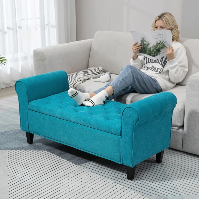HOMCOM 50 Inches Storage Ottoman, End of Bed Bench with Rolled Arms, Wood Legs, Button Tufted Storage Bench, Teal