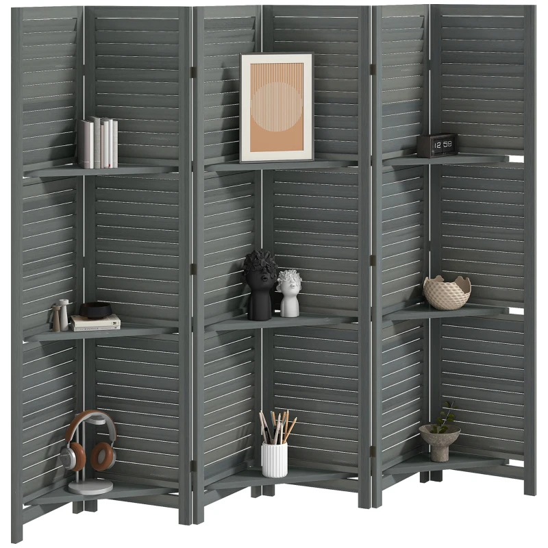 HOMCOM 6 Panel 67" Tall Wood Privacy Screen Room Divider with 3 Shelves and Folding Storage for Bedroom, Gray