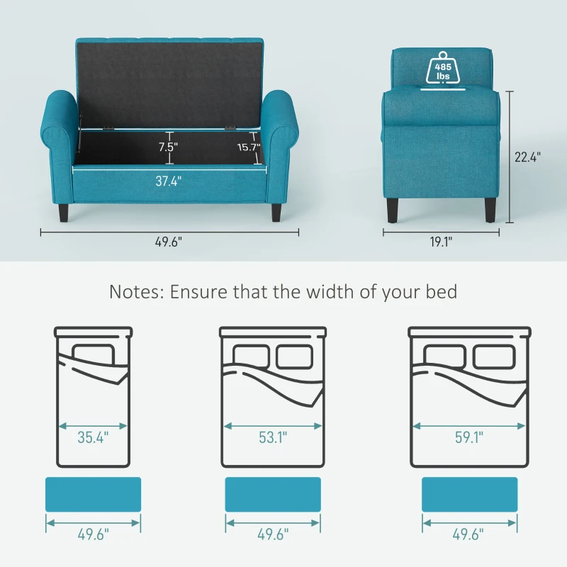 HOMCOM 50 Inches Storage Ottoman, End of Bed Bench with Rolled Arms, Wood Legs, Button Tufted Storage Bench, Teal