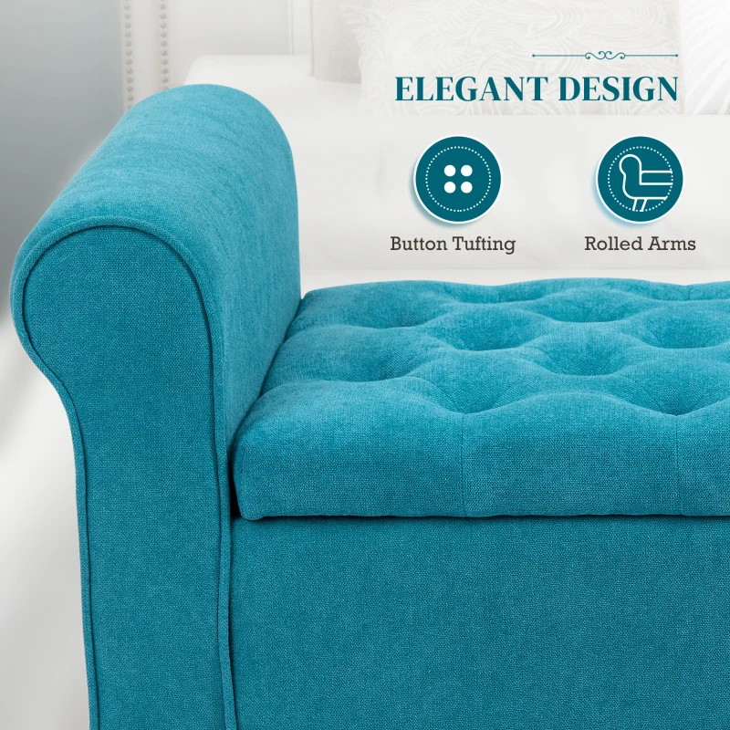 HOMCOM 50 Inches Storage Ottoman, End of Bed Bench with Rolled Arms, Wood Legs, Button Tufted Storage Bench, Teal