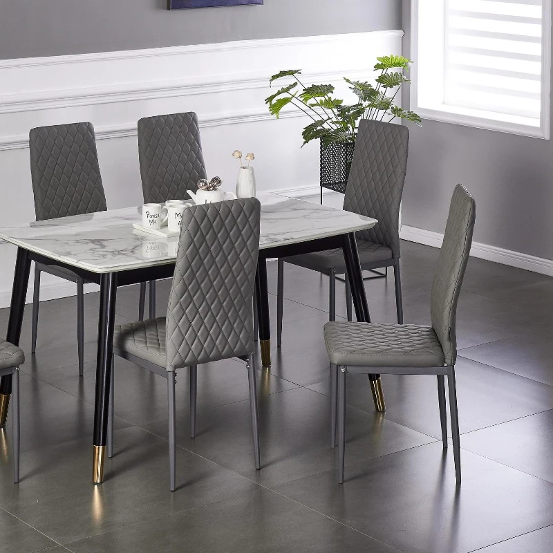 Set of 6 Modern Dining Chairs with Fireproof Leather, Diamond Grid Pattern, Dining Seats Perfect for Gatherings, 18" L x 16" W x 37" H, Gray