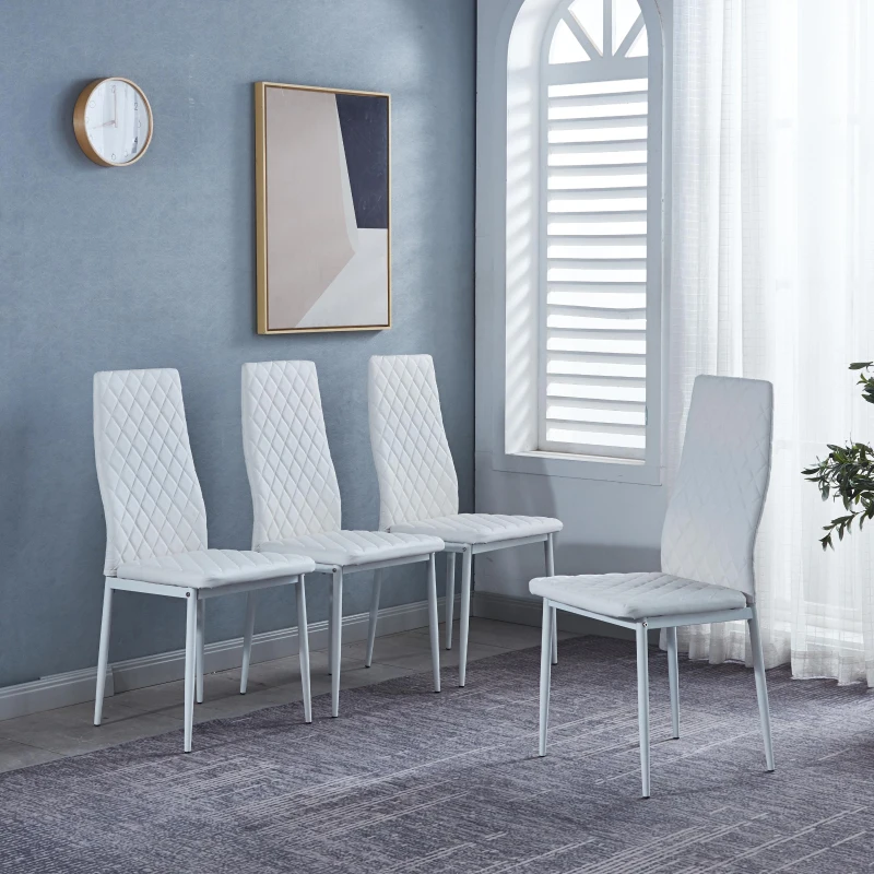 Set of 4 Modern Dining Chairs with Fireproof Leather and Sprayed Metal Pipe, Dining Seat with PU Material, 17.5'' L x 15.5'' W x 37'' H cm, White
