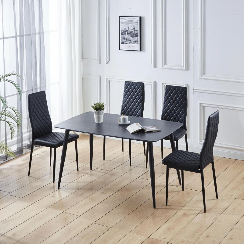 Set of 4 Modern Dining Chairs with Fireproof Leather and Sprayed Metal Pipe, Dining Seat with PU Material, 17.5'' L x 15.5'' W x 37'' H cm, Black