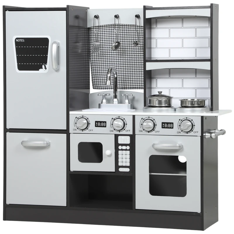 Qaba Play Kitchen for Kids, Pretend Kids Kitchen Playset with Switch Knob Sound, Accessories for Ages 3-8 Years, Dark Brown