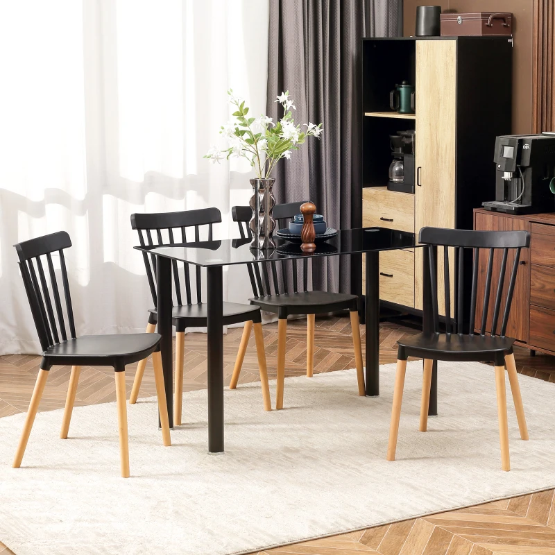 HOMCOM Dining Chairs Set of 4, Modern Kitchen Chair with Slatted Back, PP Seat, Beechwood Legs for Living Room, Black