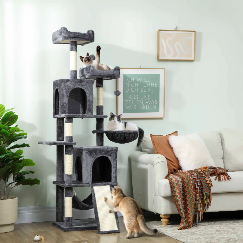 PawHut Cat Tree, 70" Multi-Level Cat Tower with 2 Condos, 2 Perches, Hammock, Toy Balls, Scratching Posts and Board, Dark Grey