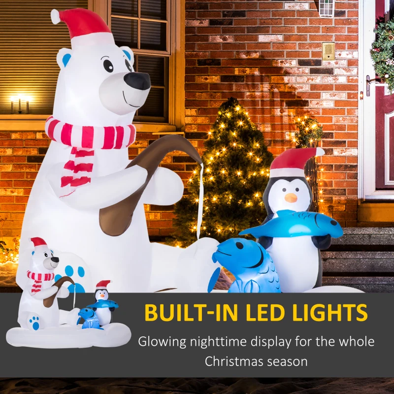 Outsunny 6ft Christmas Inflatable Polar Bear and Penguin with Santa's Hat Fishing on Board, Blow-Up Outdoor LED Yard Display for Lawn Garden Party