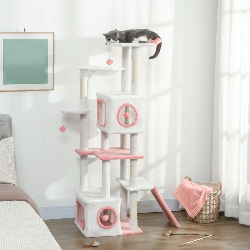 PawHut 65 Inch Cat Tree with 2 Doors Condos, Plush Top Perch, Hammock, Sisal Scratching Posts, 4 Pompoms, Ramp, White