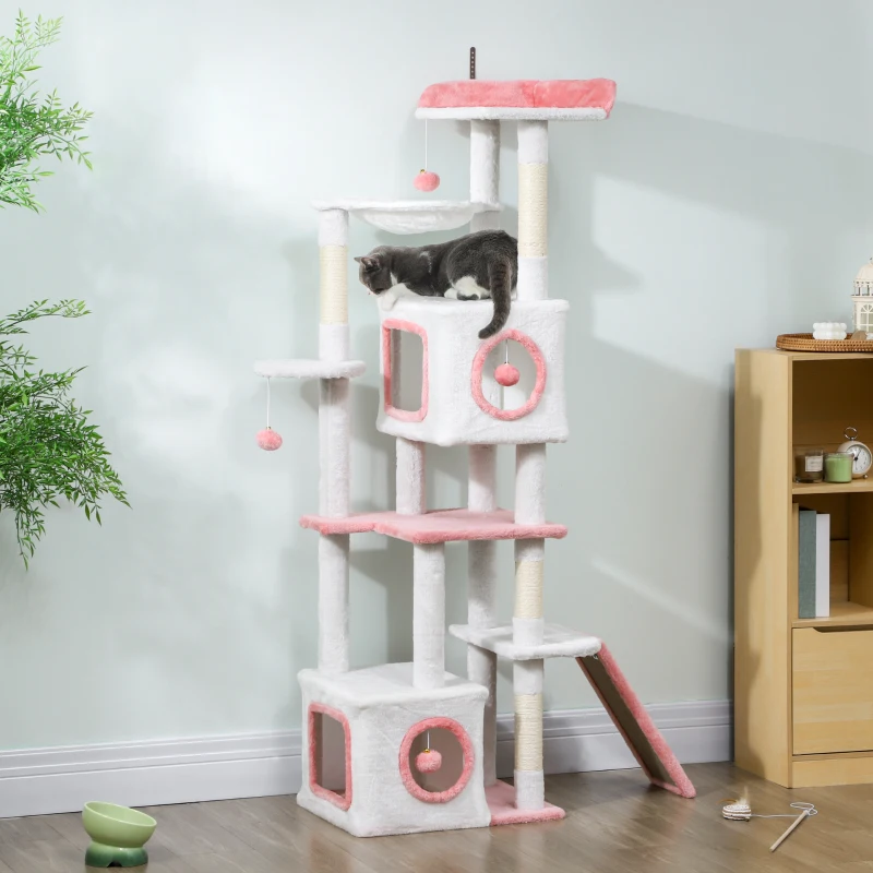 PawHut 65 Inch Cat Tree with 2 Doors Condos, Plush Top Perch, Hammock, Sisal Scratching Posts, 4 Pompoms, Ramp, White