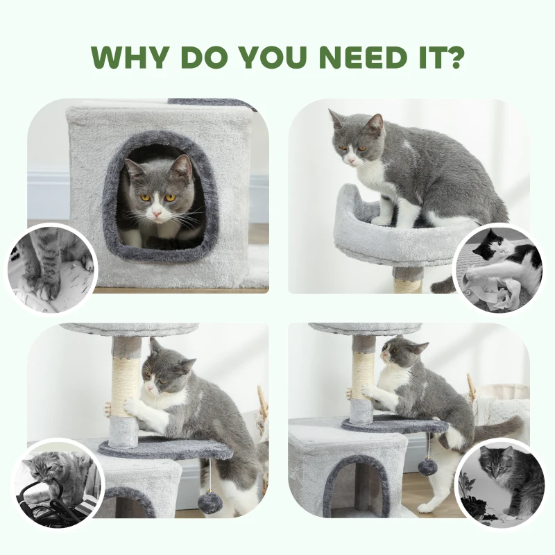 PawHut 28" Cat Tree Tower with Plush Top Bed, Cozy Condo, Sisal Scratching Post, Perch, Dangling Ball, Light Grey
