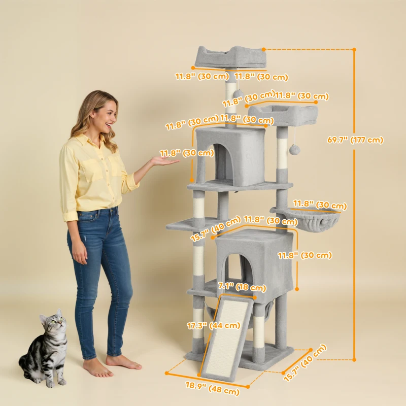 PawHut Cat Tree, 70" Multi-Level Cat Tower with 2 Condos, 2 Beds, Hammock, Toy Balls, Scratching Posts and Board, Light Grey