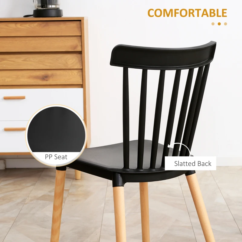 HOMCOM Dining Chairs Set of 4, Modern Kitchen Chair with Slatted Back, PP Seat, Beechwood Legs for Living Room, Black