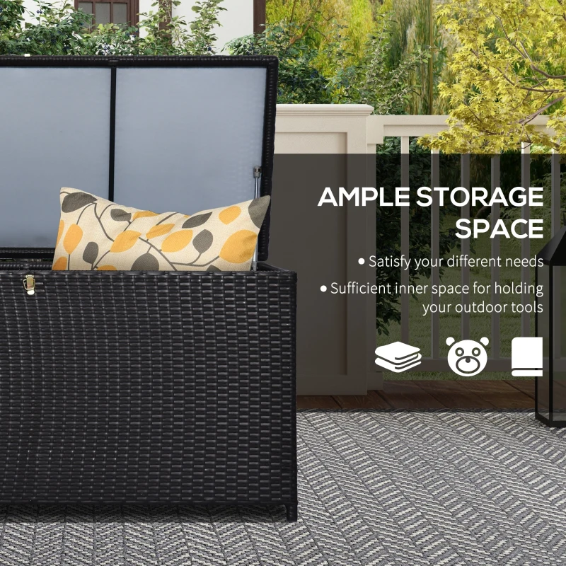 Outsunny Wicker Outdoor Storage Box, 75 Gallon Deck Box with Gas Strut and Clamp Lid, Rattan Patio Storage Container for Gardening Tools, Pool Supplies, Dark Brown