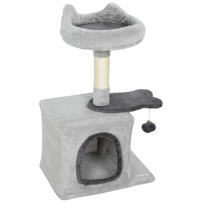 PawHut 28" Cat Tree Tower with Plush Top Bed, Cozy Condo, Sisal Scratching Post, Perch, Dangling Ball, Light Grey