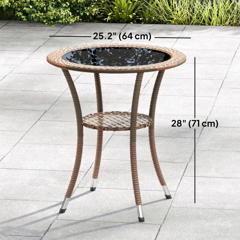Outsunny Outdoor Rattan Dining Table, Patio Wicker Round Coffee Table with 2-Tier Storage Shelf, Brown