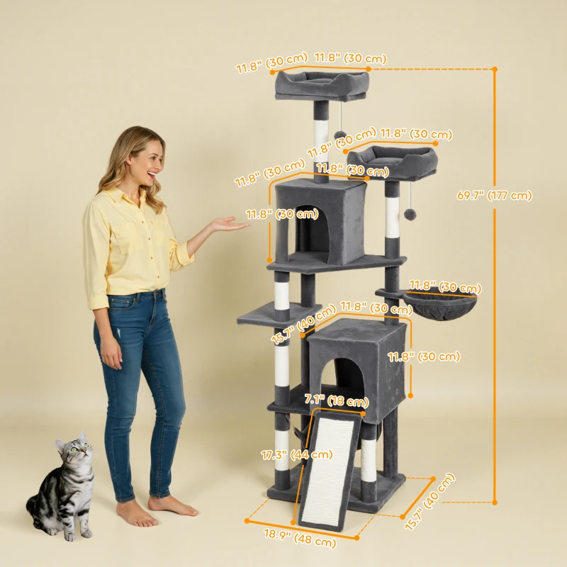 PawHut Cat Tree, 70" Multi-Level Cat Tower with 2 Condos, 2 Perches, Hammock, Toy Balls, Scratching Posts and Board, Dark Grey
