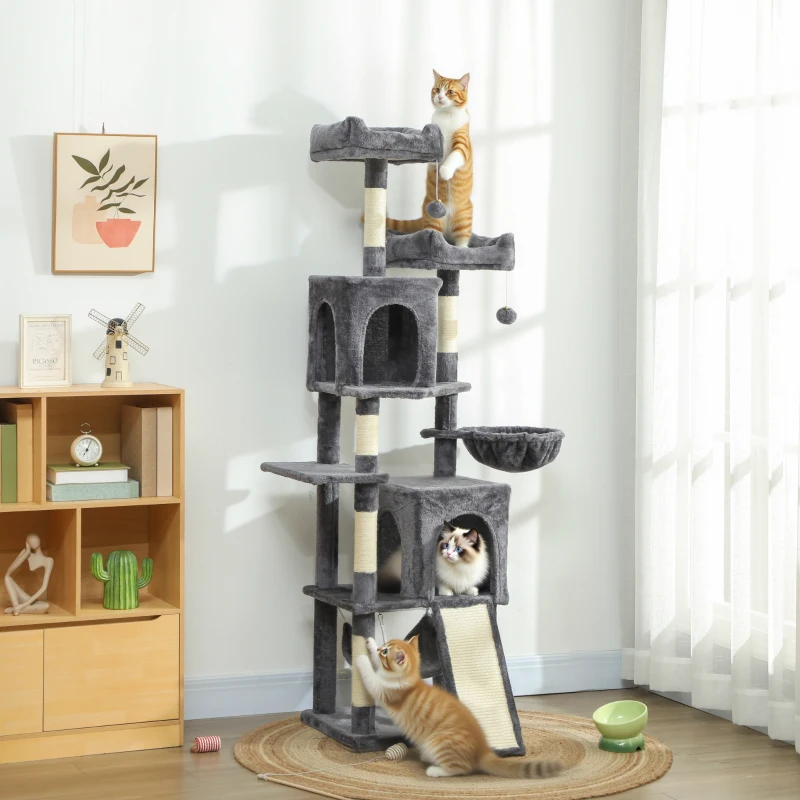 PawHut Cat Tree, 70" Multi-Level Cat Tower with 2 Condos, 2 Perches, Hammock, Toy Balls, Scratching Posts and Board, Dark Grey