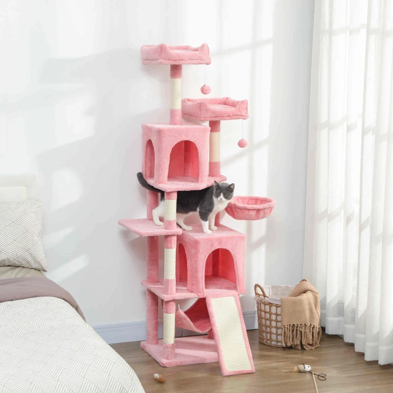 PawHut Cat Tree, 70" Multi-Level Cat Tower with 2 Condos, 2 Perches, Hammock, Toy Balls, Scratching Posts and Board, Pink