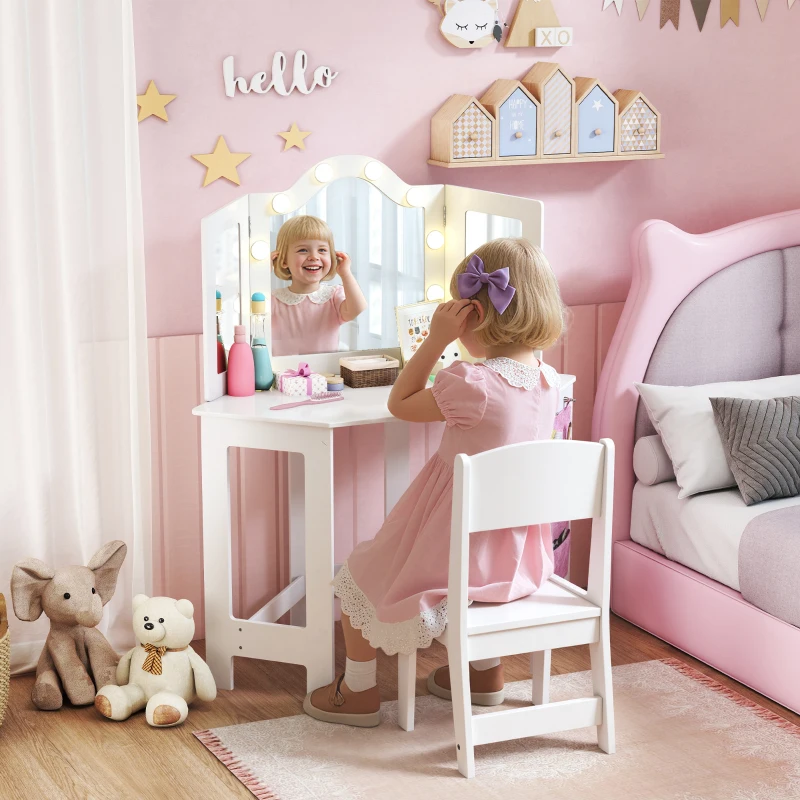 Qaba Kids Vanity Table and Chair Set with Lights, Makeup Dressing Table with Tri-Fold Mirror for Ages 3-8 Years, White