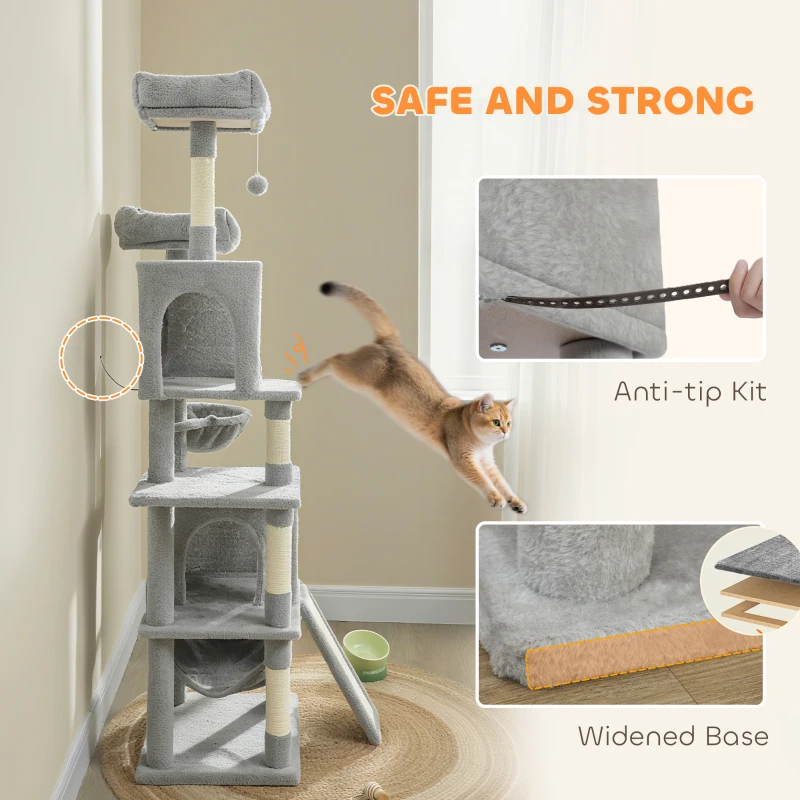 PawHut Cat Tree, 70" Multi-Level Cat Tower with 2 Condos, 2 Beds, Hammock, Toy Balls, Scratching Posts and Board, Light Grey