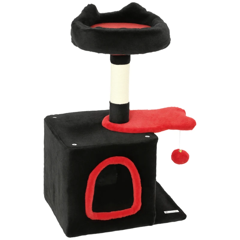 PawHut 28" Gothic Cat Tree Tower with Plush Top Bed, Cozy Condo, Sisal Scratching Post, Perch, Dangling Ball, Red & Black