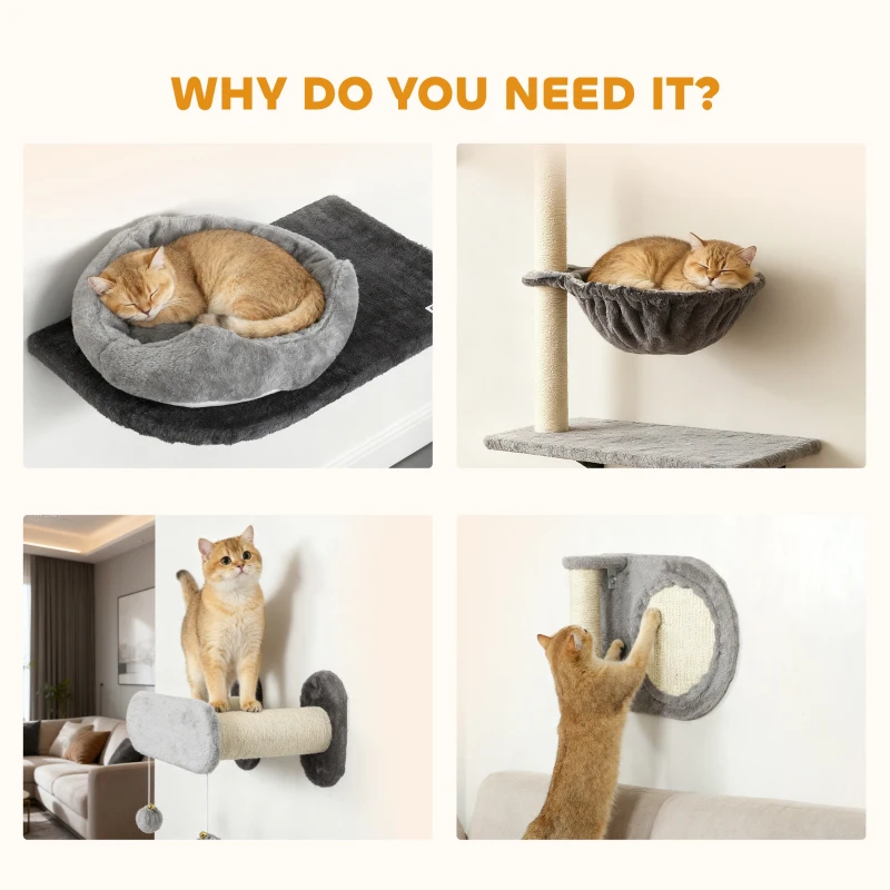 PawHut 4Pcs Cat Wall Shelves with Scratching Post & Pad, Condo, Hammock, Bed, Step, Hanging Pompoms, Perches