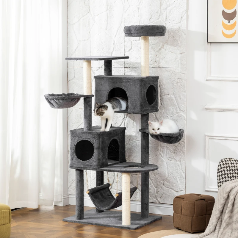 PawHut 66 Inch Large Cat Tree with 2 Door Condos, 3 Big Hammocks, Plush Top Perch, Sisal Scratching Posts, Dark Grey