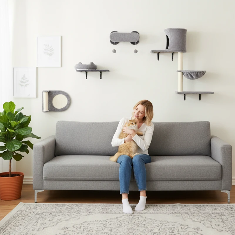 PawHut 4Pcs Cat Wall Shelves with Scratching Post & Pad, Condo, Hammock, Bed, Step, Hanging Pompoms, Perches