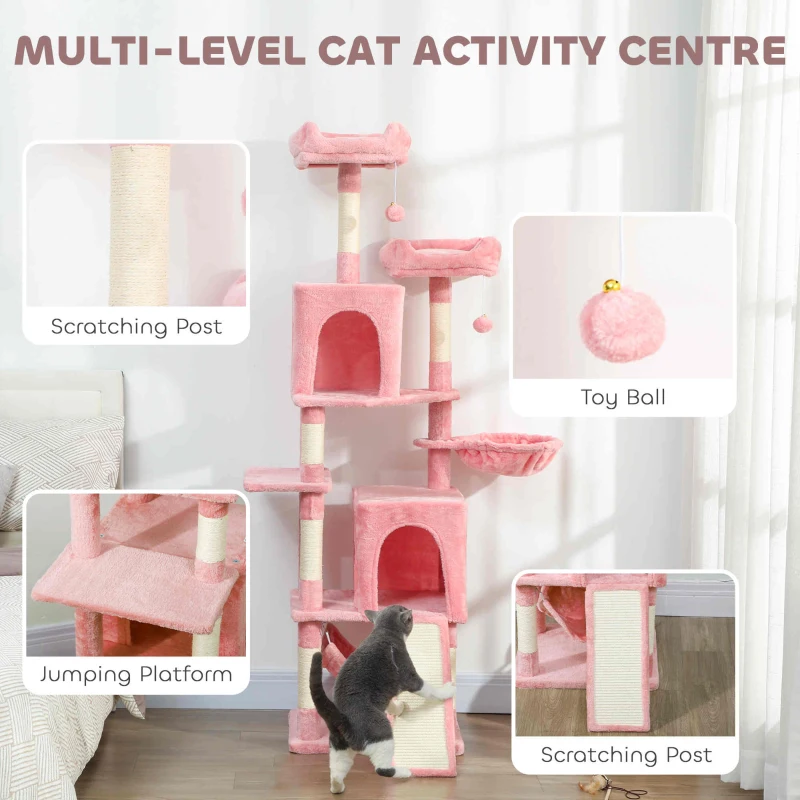 PawHut Cat Tree, 70" Multi-Level Cat Tower with 2 Condos, 2 Perches, Hammock, Toy Balls, Scratching Posts and Board, Pink