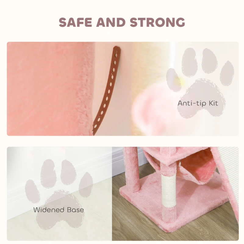 PawHut Cat Tree, 70" Multi-Level Cat Tower with 2 Condos, 2 Perches, Hammock, Toy Balls, Scratching Posts and Board, Pink