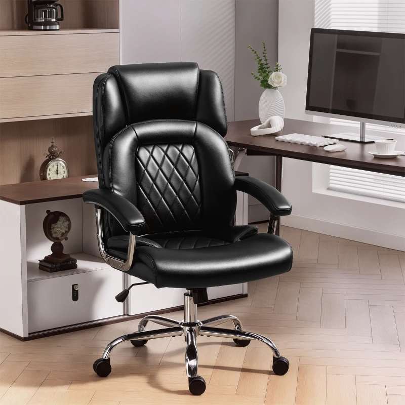 HOMCOM Big and Tall Office Chair 400 lbs, Desk Chair with Spring Cushion, PU Leather, High Back, Swivel Wheels, Black