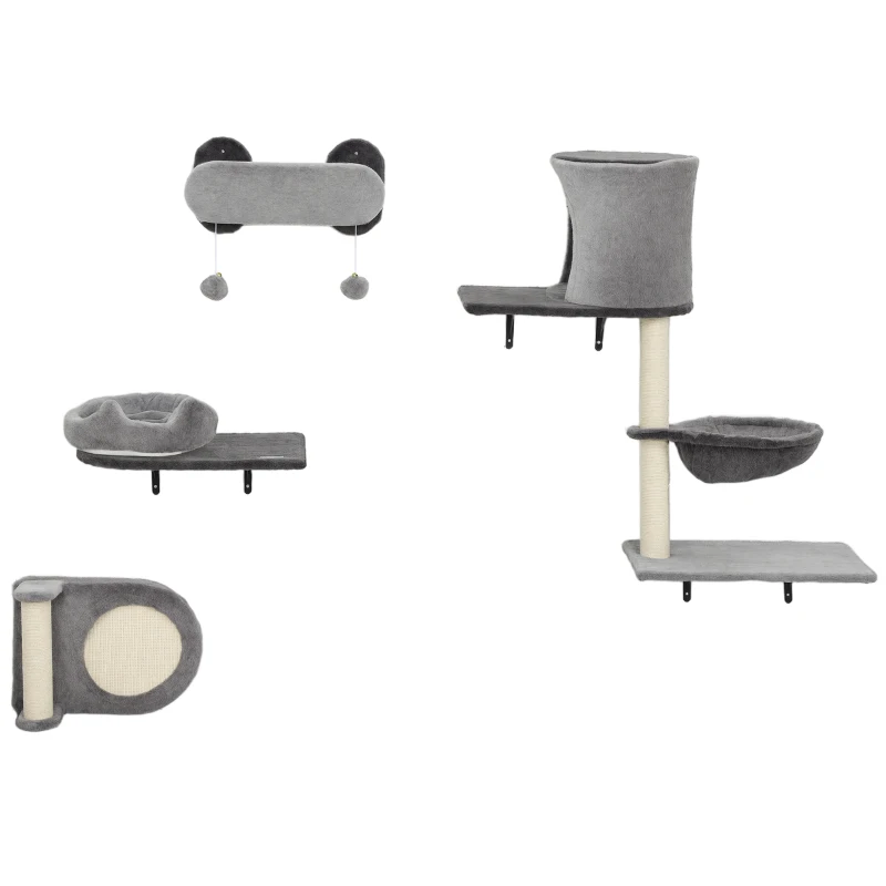 PawHut 4Pcs Cat Wall Shelves with Scratching Post & Pad, Condo, Hammock, Bed, Step, Hanging Pompoms, Perches