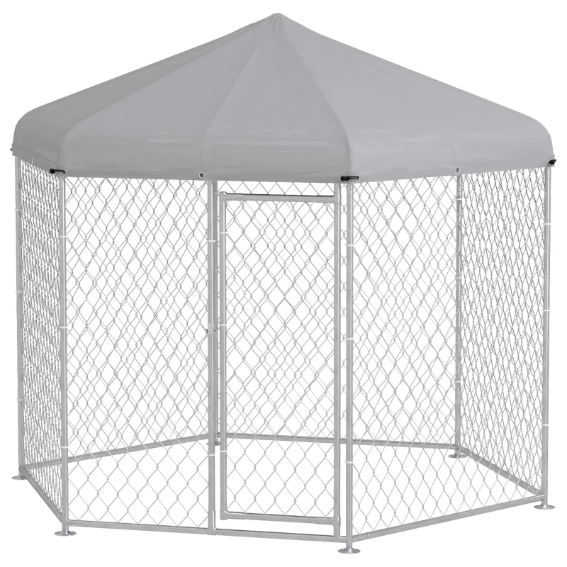 PawHut 9.2' x 8' x 7.7' Outdoor Dog Kennel Dog Run with Waterproof, UV Resistant Cover for Medium Large Sized Dogs, Silver