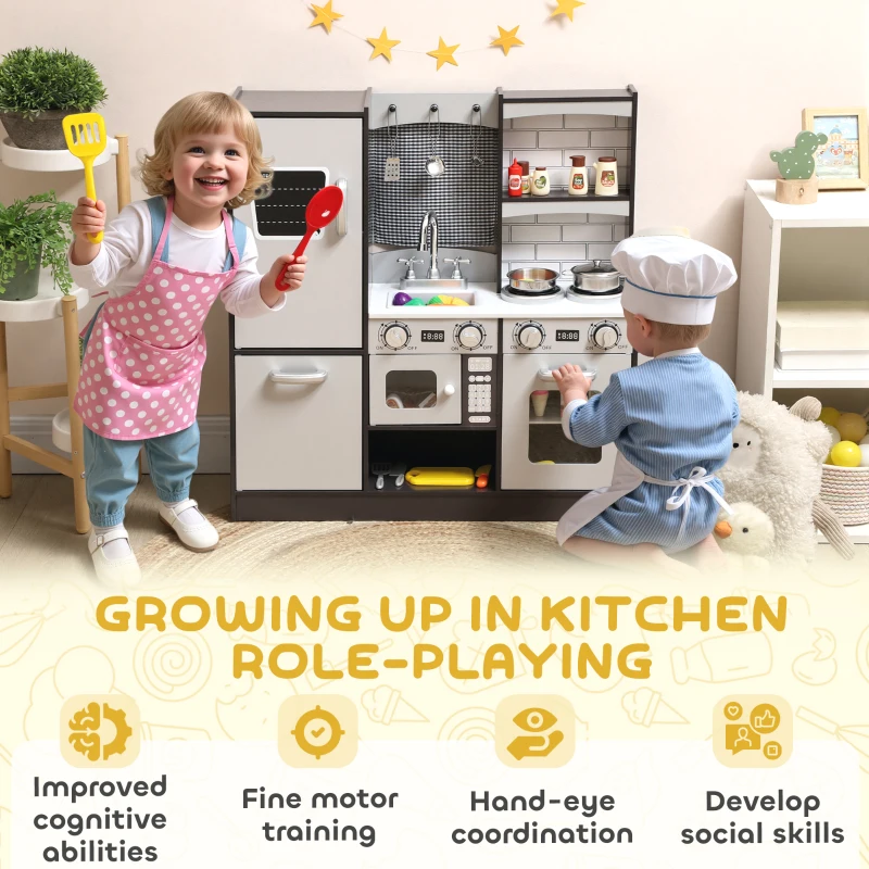 Qaba Play Kitchen for Kids, Pretend Kids Kitchen Playset with Switch Knob Sound, Accessories for Ages 3-8 Years, Dark Brown