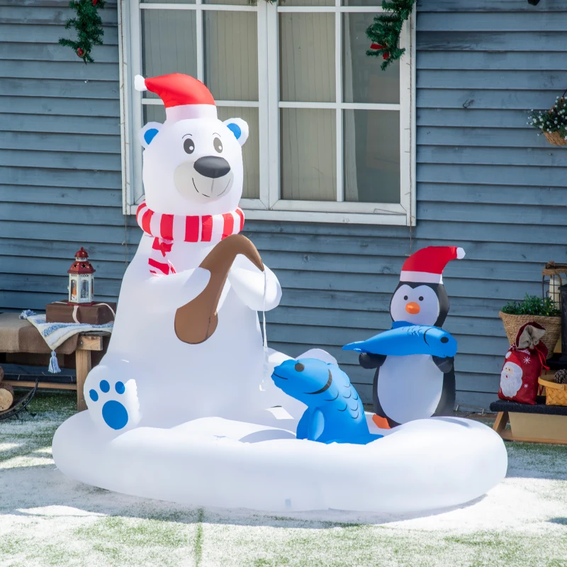 Outsunny 6ft Christmas Inflatable Polar Bear and Penguin with Santa's Hat Fishing on Board, Blow-Up Outdoor LED Yard Display for Lawn Garden Party
