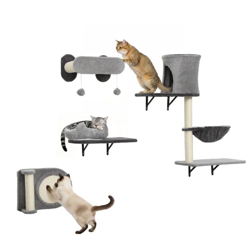 PawHut 4Pcs Cat Wall Shelves with Scratching Post & Pad, Condo, Hammock, Bed, Step, Hanging Pompoms, Perches