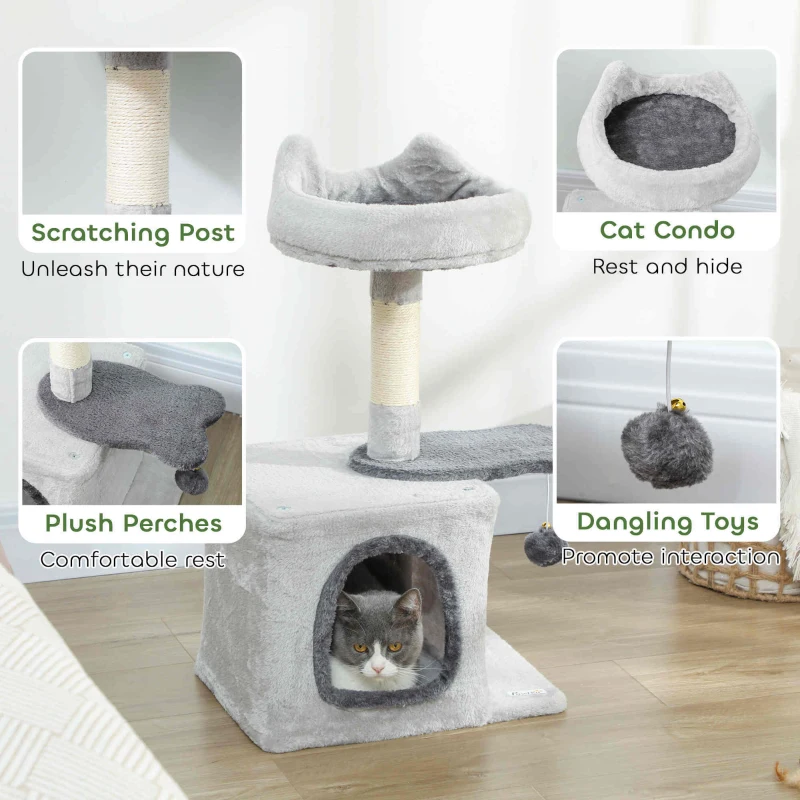 PawHut 28" Cat Tree Tower with Plush Top Bed, Cozy Condo, Sisal Scratching Post, Perch, Dangling Ball, Light Grey