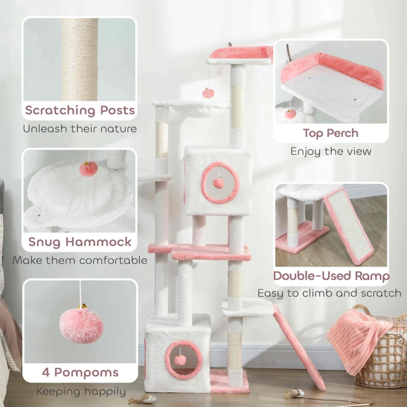 PawHut 65 Inch Cat Tree with 2 Doors Condos, Plush Top Perch, Hammock, Sisal Scratching Posts, 4 Pompoms, Ramp, White