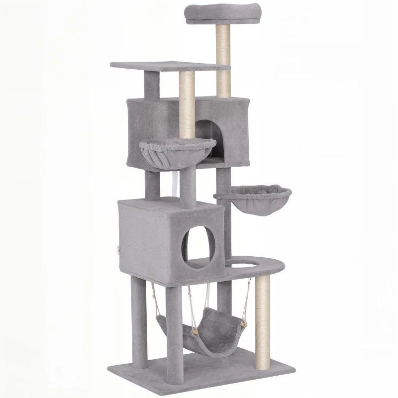 PawHut 66 Inch Large Cat Tree with 2 Door Condos, 3 Big Hammocks, Plush Top Perch, Sisal Scratching Posts, Light Grey