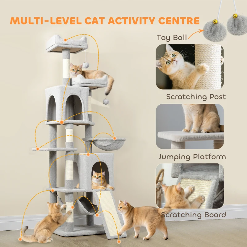 PawHut Cat Tree, 70" Multi-Level Cat Tower with 2 Condos, 2 Beds, Hammock, Toy Balls, Scratching Posts and Board, Light Grey