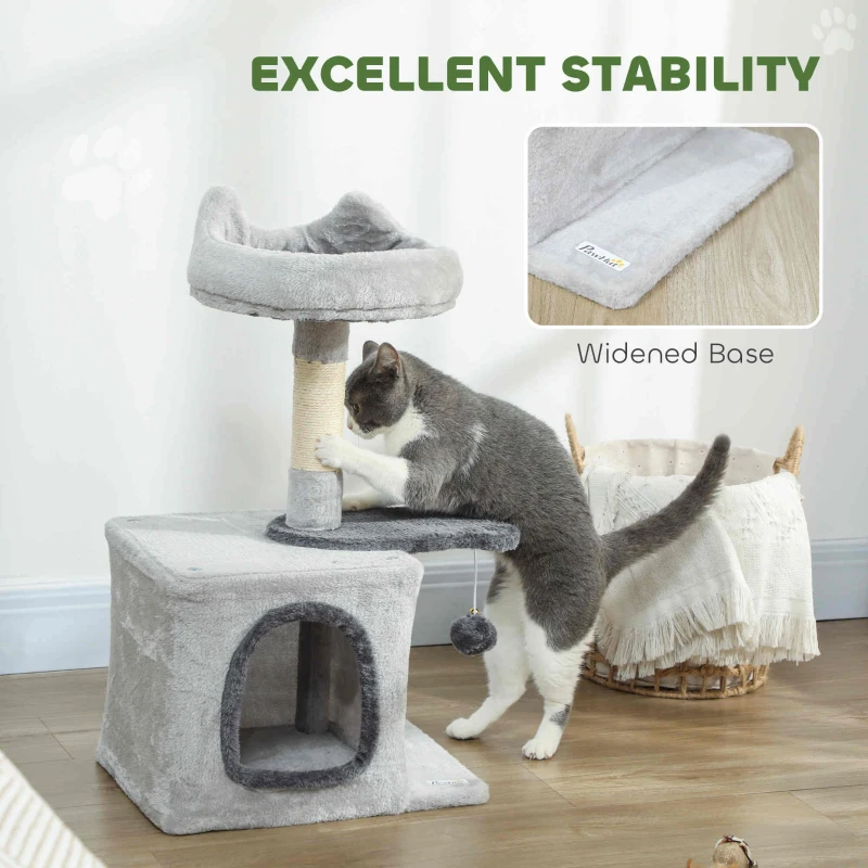 PawHut 28" Cat Tree Tower with Plush Top Bed, Cozy Condo, Sisal Scratching Post, Perch, Dangling Ball, Light Grey
