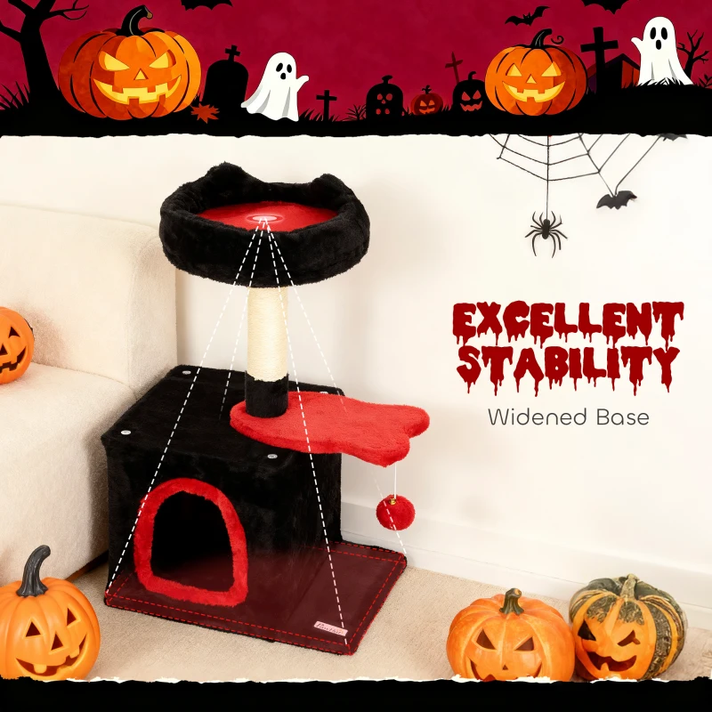 PawHut 28" Gothic Cat Tree Tower with Plush Top Bed, Cozy Condo, Sisal Scratching Post, Perch, Dangling Ball, Red & Black