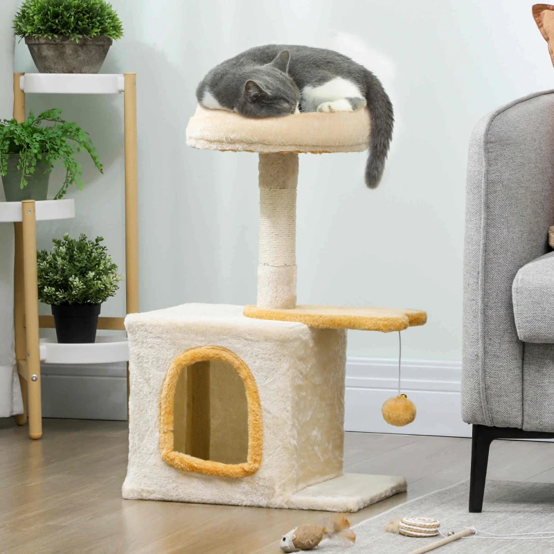 PawHut 28" Cat Tree Tower with Plush Top Bed, Cozy Condo, Sisal Scratching Post, Perch, Dangling Ball, Beige and Yellow