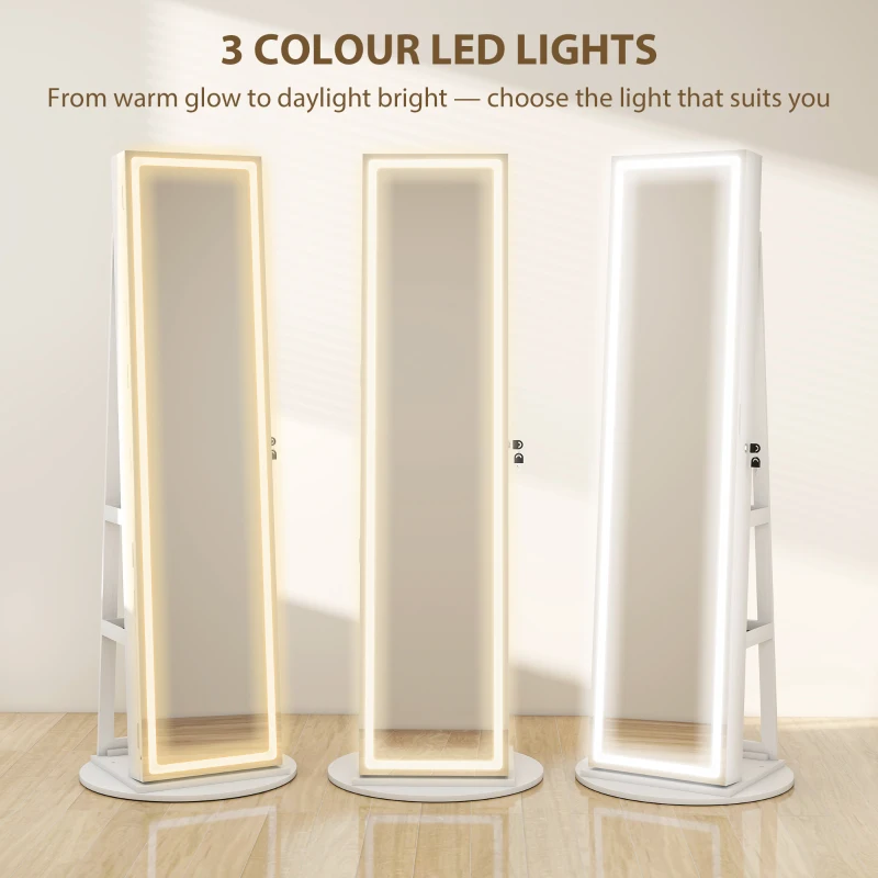 HOMCOM Jewelry Cabinet with Full Length Lockable Mirror, Standing Jewelry Armoire Organizer with LEDs, White