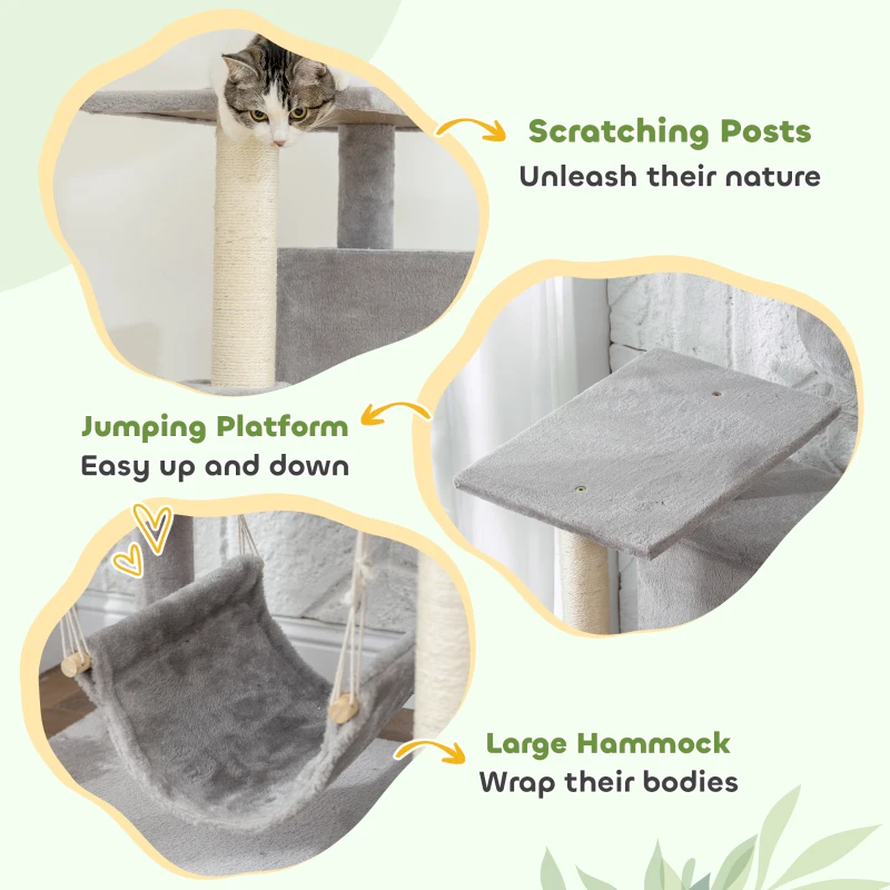 PawHut 66 Inch Large Cat Tree with 2 Door Condos, 3 Big Hammocks, Plush Top Perch, Sisal Scratching Posts, Light Grey