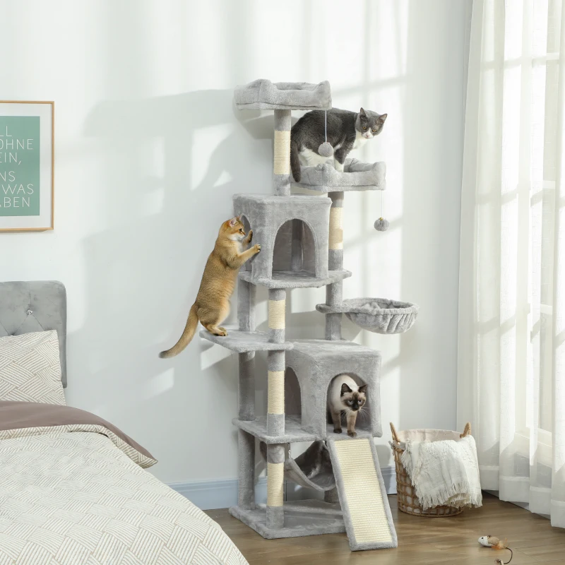 PawHut Cat Tree, 70" Multi-Level Cat Tower with 2 Condos, 2 Beds, Hammock, Toy Balls, Scratching Posts and Board, Light Grey