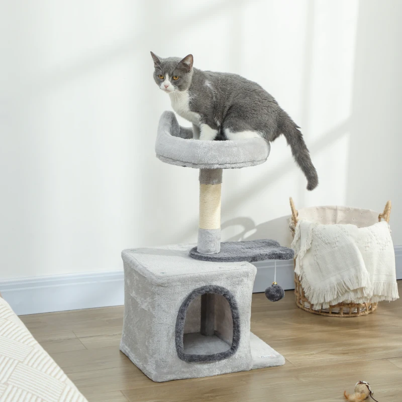PawHut 28" Cat Tree Tower with Plush Top Bed, Cozy Condo, Sisal Scratching Post, Perch, Dangling Ball, Light Grey